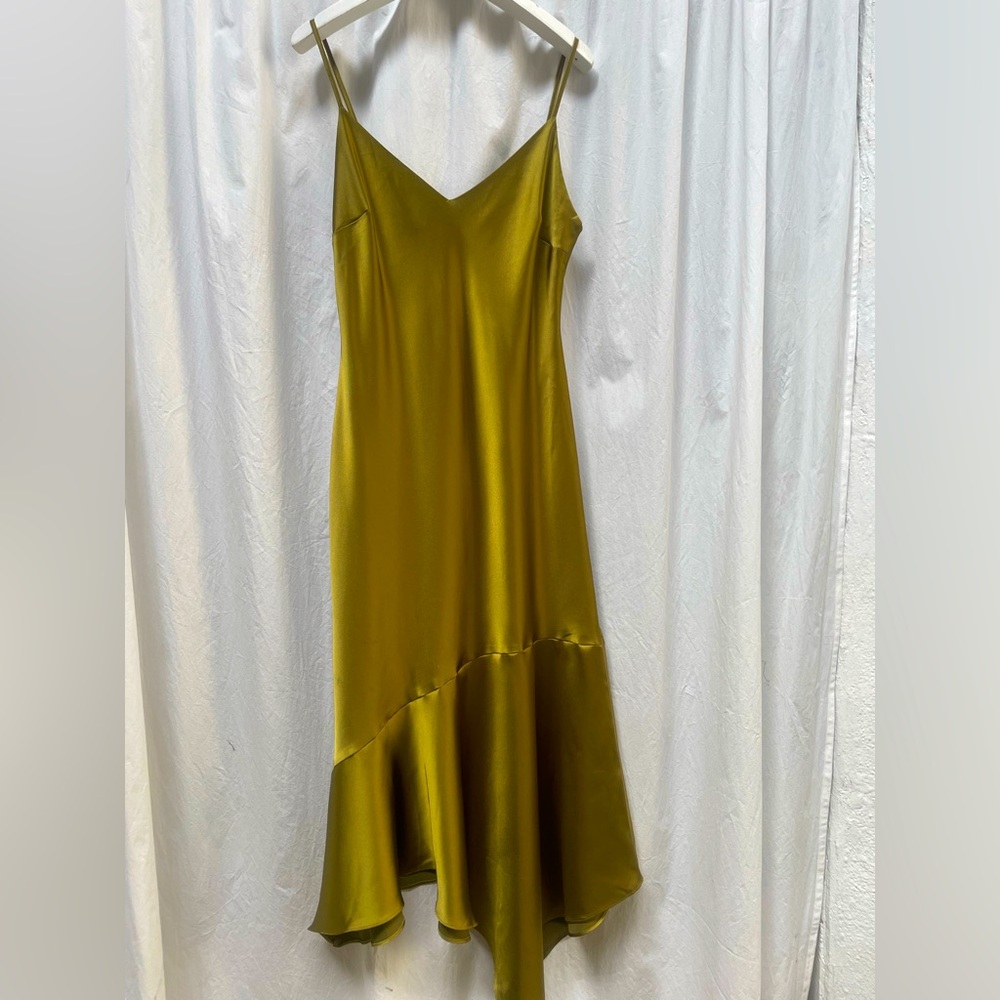 Asymmetrical chartreuse satin maxi dress